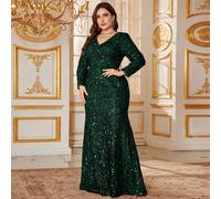 Abito da sera elegante da donna taglie forti, abito da sera lungo con scollo a V, maniche lunghe con paillettes, vita arricciata, vestito lungo e lucido, abito da sposa, abito per festa di compleanno,