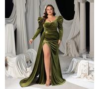 Abito da sera elegante da donna taglie forti, con spacco alto sulla coscia, chiusura con cerniera sulla schiena, maniche a volant per un look drammatico e una vestibilità che valorizza la figura. Perf