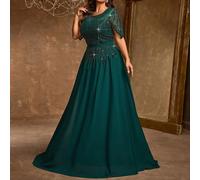 Abito da sera elegante di taglia comoda, parte superiore con perline e design snellente in vita, abito da cerimonia a-line in chiffon a collo tondo adatto per damigelle, feste, invitati di matrimonio,