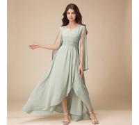 Abito da sera elegante e alla moda per ragazze adolescenti, verde menta, collo a V, maniche a pipistrello arricciato, asimmetrico corto davanti e lungo dietro, con cintura e fiocco, adatto per feste d