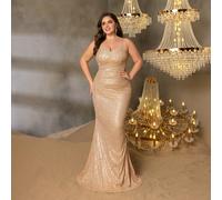 Abito da sera elegante e curvo per taglie forti, con sottili spalline, schiena con laccetti sexy e design a sirena della gonna, realizzato per la massima eleganza, ideale per gala, balli di beneficenz