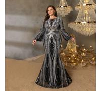 Abito da sera elegante e curvy per taglie forti: scollo a barca e maniche a lanterna con gonna a sirena svasata. Perfetto per cene di gala, eventi sul red carpet, feste in smoking, banchetti di lusso
