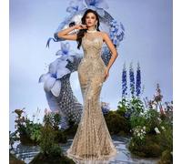 Abito da sera elegante e da dea estivo, abito da donna formale, abito da cerimonia per compleanni, feste di laurea o cocktail, colore champagne, vestito con scollo ad altalena e lacci sulla schiena L,