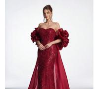 Abito da sera elegante e di lusso Anymoon, in raso opaco scintillante, impreziosito da strass, perline e paillettes, con ricamo 3D a rose sulle spalle e orlo ampio, adatto per matrimoni, damigelle, la