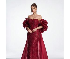 Abito da sera elegante e di lusso Anymoon, in raso opaco scintillante, impreziosito da strass, perline e paillettes, con ricamo 3D a rose sulle spalle e orlo ampio, adatto per matrimoni, damigelle, la