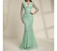 Abito da sera elegante e di lusso da donna Astony, con design verde a doppio strato in tessuto trasparente, decorato con perle e paillettes, scollo a V profondo, aderente a sirena. Adatto per uscite, 