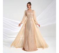 Abito da sera elegante e di lusso da donna in chiffon con paillettes, maniche lunghe, abito da festa, abito da ospite di matrimonio, abito da cerimonia L,M,S,XLBlocchi di colore,Colore unico,stampa da
