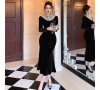 Abito da sera elegante e di lusso, vestito a sirena in velluto con strass e perle, che affina la vita, adatto per Capodanno e Natale L,M,SVelluto