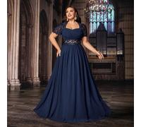 Abito da sera elegante e formale blu navy per donna taglia comoda, adatto per feste di compleanno, cene, matrimoni come invitata, con maniche a palloncino in pizzo e chiffon, perfetto per San Valentin