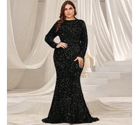 Abito da sera elegante e formale con scollo tondo, maniche lunghe e orlo a sirena accattivante per donne curvy, adatto per matrimoni, gala di beneficenza, cerimonie di premiazione e cene formali. Abit