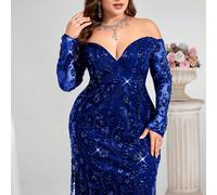 Abito da sera elegante e formale con spalle scoperte e paillettes per donne taglia curvy (con ricami pesanti) 0XL,1XL,2XL,3XL,4XLStampa CasualeTessuto in maglia