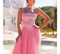 Abito da sera elegante e formale da donna in rosa baby, in rete con spalline sottili, lussuoso con strass 3D, asimmetrico, svasato a trapezio, con paillettes, accessorio per matrimonio e ballo di fine
