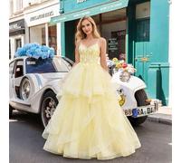 Abito da sera elegante e formale da donna per feste da sogno, abito da cerimonia estivo per laurea, compleanno o red carpet, in colore unito con applicazioni, senza maniche, con orlo a strati, lunghez