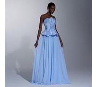 Abito da sera elegante e formale da donna stile principessa di lusso con ricami in rete, spalle scoperte, volant, corpetto strutturato, chiffon, orlo con paillettes, per ballo di fine anno, promessa e