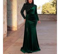 Abito da sera elegante e formale da donna taglie forti, collo alto, maniche lunghe, design con orlo a sirena, dettagli scintillanti con paillettes, adatto per banchetti, gala, cerimonie di premiazione