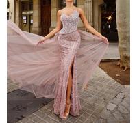Abito da sera elegante e glamour con scollo alla francese per donna - dettaglio con fiocco sulla schiena, spacco alto, gonna a sirena con inserto in tulle e strascico fluente - perfetto per matrimoni