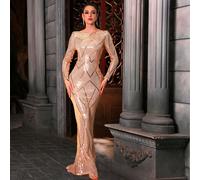 Abito da sera elegante e lucido con scollo tondo, vestito a sirena aderente taglie forti, lunghezza pavimento con maniche lunghe L,M,XL,XXLBaroccoPaillettes