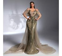Abito da sera elegante e lussuoso con spalline a spaghetti, in rete con strascico, verde oliva, arricchito con perline e paillettes (molto decorato), adatto per tutte le occasioni: cene formali, feste