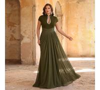 Abito da sera elegante e romantico taglie forti con colletto piccolo, decorato con strass di lusso, vita arricciata, orlo a sirena con strascico, design elaborato (Heavy Work Design) 0XL,1XL,2XL,3XL,4