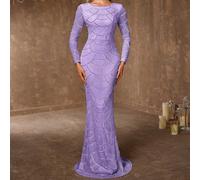 Abito da sera elegante formale da donna con decorazioni in perline, collo rotondo, maniche lunghe, stile di alta fattura, per ballo, cena di prova, matrimonio, floreale bianco estivo L,M,S,XLColore un