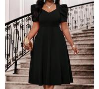 Abito da sera elegante formale nero estivo per invitati a matrimonio, taglie forti, scollo a cuore, maniche a palloncino in maglia, lunghezza midi, per cocktail festa, compleanno ed eventi 0XL,1XL,2XL
