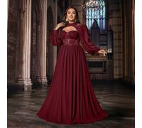 Abito da sera elegante in chiffon con inserti in pizzo, maniche lunghe, per donne curvy, adatto per San Valentino, matrimoni, feste primaverili 0XL,1XL,2XL,3XL,4XL,5XLColore unicoChiffon