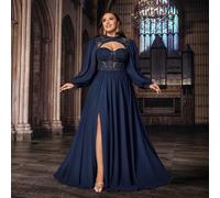 Abito da sera elegante in chiffon con inserti in pizzo, maniche lunghe, per donne curvy, adatto per San Valentino, matrimoni e feste primaverili 0XL,1XL,2XL,3XL,4XL,5XLColore unicoChiffon