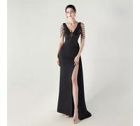 Abito Da Sera Elegante Nero Con Ricami E Spacco Laterale Lungo CF53571