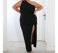 Abito da sera elegante nero da cocktail formale per donna taglie forti, abito lungo asimmetrico con spacco per l'inverno, outfit per invitata a matrimonio, festa di laurea, ballo di fine anno, estate 