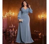 Abito da sera estivo elegante in maglia elastica con patchwork, scollo a V, maniche lunghe, design con applicazioni, gonna a trapezio, silhouette slim, taglie forti, per cocktail festa, matrimonio, an