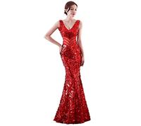 Abito da Sera for Banchetti Abito da Sera Lungo e Sottile con Scollo a V Profondo con Paillettes Abito da Donna Elegante e Sexy da Spiaggia a Sirena (Color : Red, Size : L)