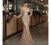 Abito da sera formale con perle e paillettes, abito da banchetto brillante, abito da donna a tinta unita con scollo a cuore, maniche lunghe, orlo a sirena, lunghezza fino al pavimento L,M,STessuto int