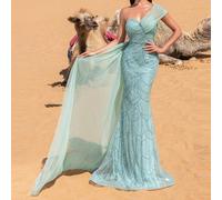 Abito da sera formale con scollo asimmetrico, volant laterale, paillettes e perline, elegante abito da cerimonia da matrimonio adatto per cerimonie di laurea, banchetti e altre occasioni L,M,S,XL,XSBl