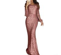Abito da sera formale da donna aderente a maniche lunghe da cocktail stile avvolgente tessuto lucido per feste (L rosa)