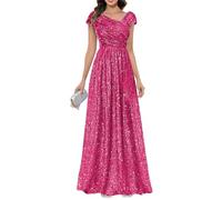 Abito da sera formale da donna, con paillettes, in velluto, lunghezza fino al pavimento, abito da sera con lustrini, Rosa acceso, 40