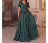 Abito da sera formale da donna con scollo a V, maniche a volant, cintura con fiocco, perfetto per gala in smoking, ricevimenti di nozze, cene formali, serate all'opera L,M,S,XLColore unicoTessuto in m