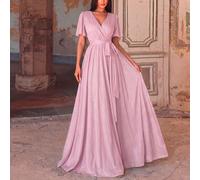 Abito da sera formale da donna con scollo a V, maniche a volant, cintura fascia, perfetto per gala in cravatta nera, ricevimenti di nozze, cene formali, serate all'opera L,M,S,XL,XSColore unicoTessuto