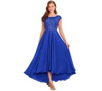 Abito da sera formale da donna in chiffon, con applicazioni in pizzo, per la madre della sposa, lunghezza del tè di nozze, abito da sera formale con tasche, Blu reale, 54 Più