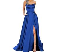 Abito da Sera Formale da Donna in Raso, Abito Plissettato Senza Maniche con Scollo a U, Corsetto Senza Schienale, Sposa Lungo Blu Royal, Taglia M