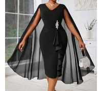 Abito da sera formale elegante e strutturato con mantella see-through blu per donne taglie forti, abito blu per donne per la stagione autunnale e tutto l'anno 0XL,1XL,2XL,3XL,4XL,5XLColore unico,stamp