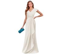 Abito da sera formale in chiffon con maniche a cappuccio per la madre della sposa con scollo a V lungo in pizzo increspato, avorio, 52