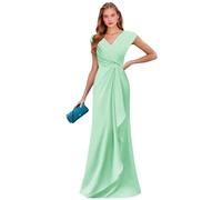 Abito da sera formale in chiffon con maniche a cappuccio per la madre della sposa con scollo a V lungo in pizzo increspato, Verde menta, 46