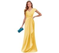 Abito da sera formale in chiffon con maniche a cappuccio per la madre della sposa con scollo a V lungo in pizzo increspato, Giallo, 46