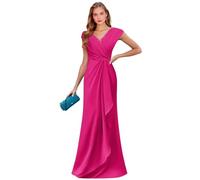 Abito da sera formale in chiffon con maniche a cappuccio per la madre della sposa con scollo a V lungo in pizzo increspato, Rosa acceso, 46