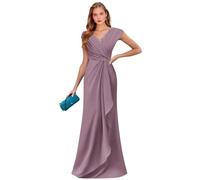 Abito da sera formale in chiffon con maniche a cappuccio per la madre della sposa con scollo a V lungo in pizzo increspato, Glicine, 58 Più