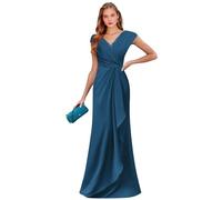 Abito da sera formale in chiffon con maniche a cappuccio per la madre della sposa con scollo a V lungo in pizzo increspato, Pavone, 42