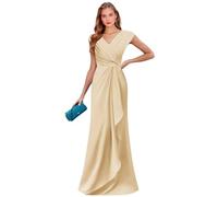 Abito da sera formale in chiffon con maniche a cappuccio per la madre della sposa con scollo a V lungo in pizzo increspato, Champagne, 60 Più