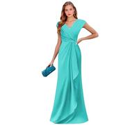 Abito da sera formale in chiffon con maniche a cappuccio per la madre della sposa con scollo a V lungo in pizzo increspato, Turchese, 60 Più