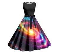 Abito da sera, Galaxy Costume da donna, senza maniche, lungo, 3D, galassia, spazio, stampa a linee, abito da cocktail anni '90, Carnevale, a maniche corte, girocollo, rockabilly, abito estivo 97