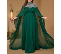 Abito da sera in chiffon aderente con colletto alla coreana, applicazioni di perline e paillettes, maniche a pipistrello, adatto a donne taglia curvy, per occasioni come matrimoni e feste in primavera